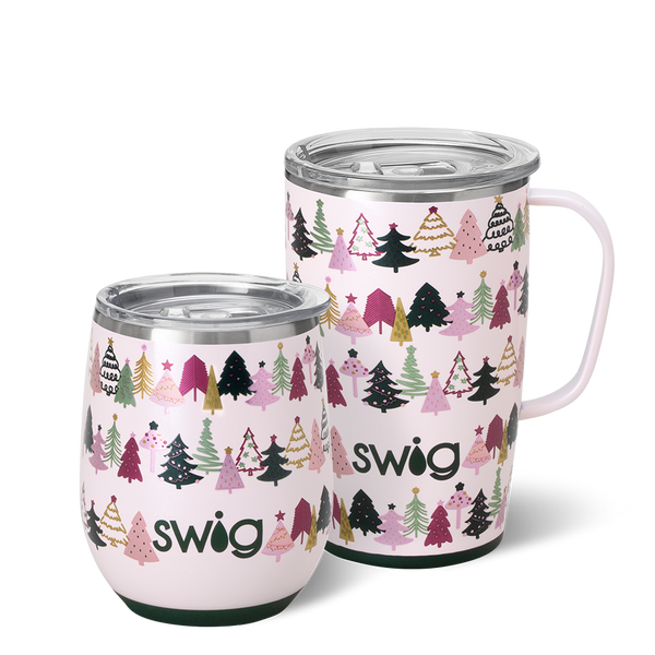 Swig Life Tinseled Trees AM + PM Set including a 12oz Stemless Wine Cup and an 18oz Travel Mug