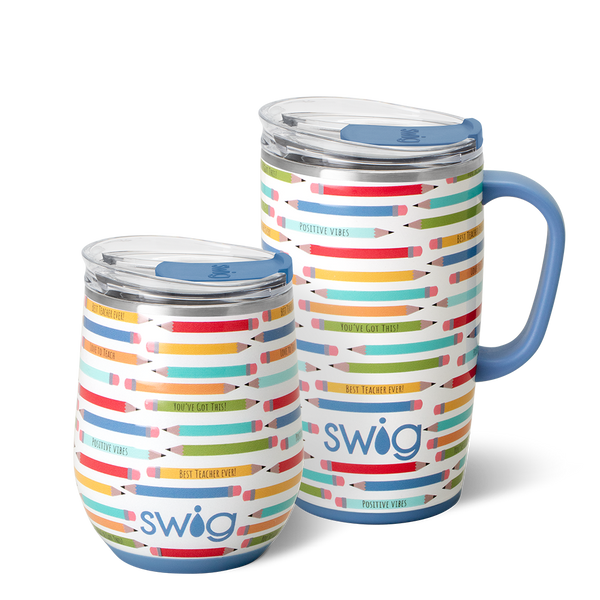 Swig Life Teacher Life AM + PM Set including a 12oz Stemless Wine Cup and an 18oz Travel Mug