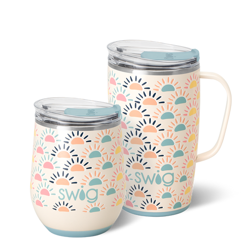 Swig Life Sun Chaser AM + PM Set including a 12oz Stemless Wine Cup and an 18oz Travel Mug