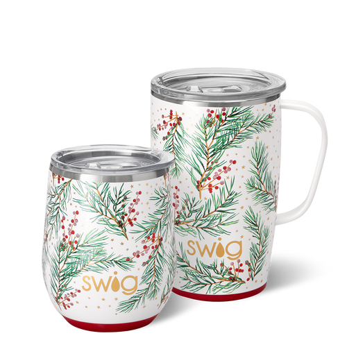 Swig Life Winterberry AM + PM Set including a 12oz Stemless Wine Cup and an 18oz Travel Mug