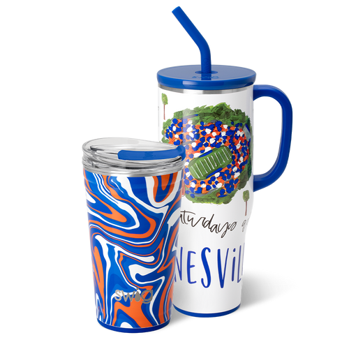 Swig Life Gainesville Gameday Set including a 40oz Saturdays Gainesville Mega Mug and 24oz Fanzone Party Cup