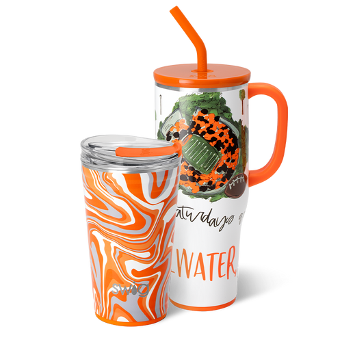 Swig Life Stillwater Gameday Set including a 40oz Saturdays Stillwater Mega Mug and 24oz Fanzone Party Cup