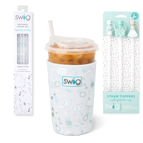 Swig Life Bride to Be Accessory Bundle featuring an Iced Cup Coolie, Straw Topper Set, and Reusable Straw Set