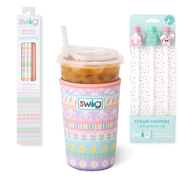 Swig Life Bunny Trail Accessory Bundle featuring an Iced Cup Coolie, Straw Topper Set, and Reusable Straw Set