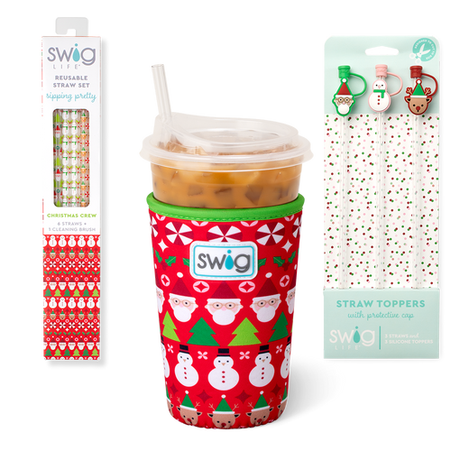 Swig Life Christmas Crew Holiday Stocking Stuffer Bundle featuring an Iced Cup Coolie, Straw Topper Set, and Reusable Straw Set