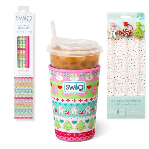 Swig Life Cookie Jar Holiday Stocking Stuffer Bundle featuring an Iced Cup Coolie, Straw Topper Set, and Reusable Straw Set