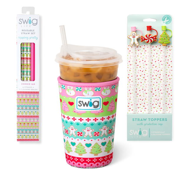 Swig Life Cookie Jar Holiday Stocking Stuffer Bundle featuring an Iced Cup Coolie, Straw Topper Set, and Reusable Straw Set