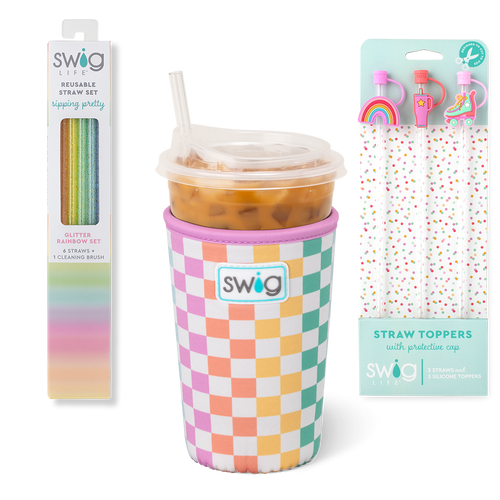 Swig Life Check Mate Accessory Bundle featuring an Iced Cup Coolie, Straw Topper Set, and Reusable Straw Set