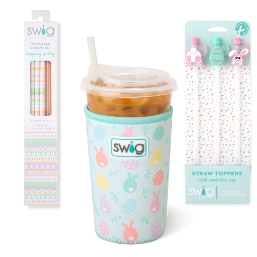 Swig Life Egg Hunt Accessory Bundle featuring an Iced Cup Coolie, Straw Topper Set, and Reusable Straw Set