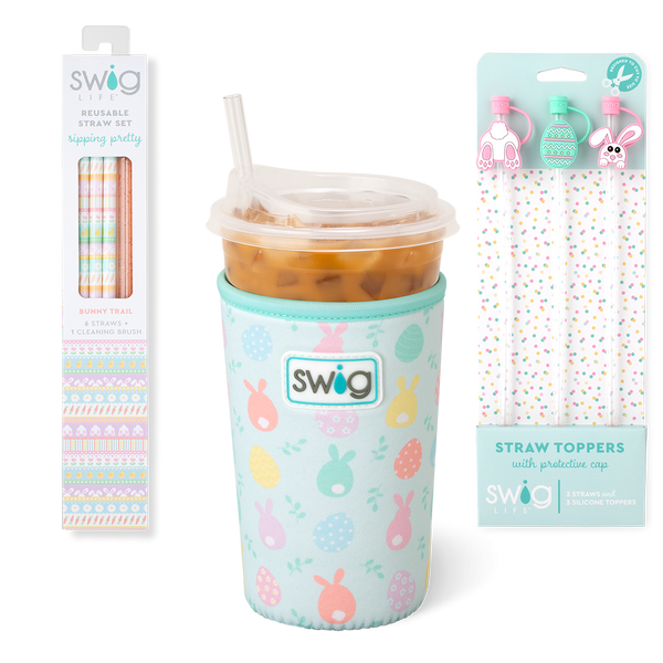 Swig Life Egg Hunt Accessory Bundle featuring an Iced Cup Coolie, Straw Topper Set, and Reusable Straw Set