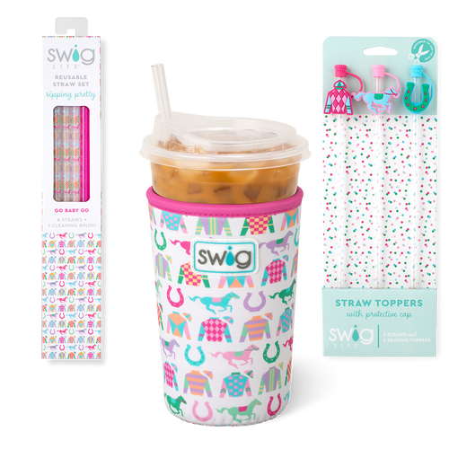 Swig Life Go Baby Go Accessory Bundle featuring an Iced Cup Coolie, Straw Topper Set, and Reusable Straw Set