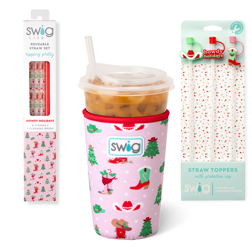 Swig Life Howdy Holidays Holiday Stocking Stuffer Bundle featuring an Iced Cup Coolie, Straw Topper Set, and Reusable Straw Set