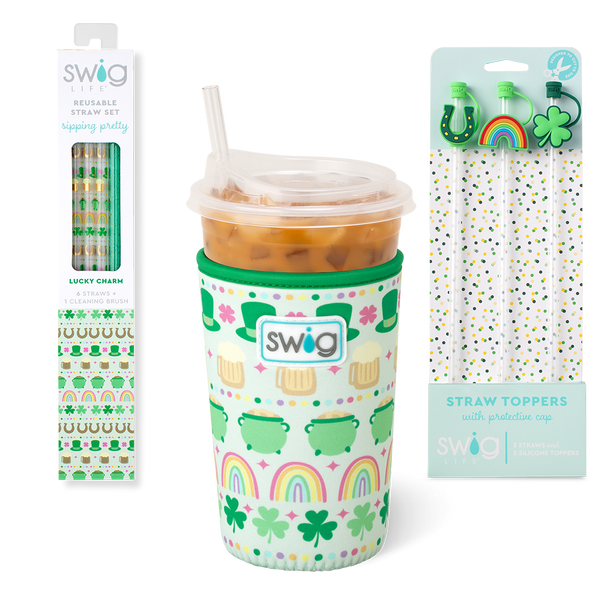 Swig Life Lucky Charm Accessory Bundle featuring an Iced Cup Coolie, Straw Topper Set, and Reusable Straw Set