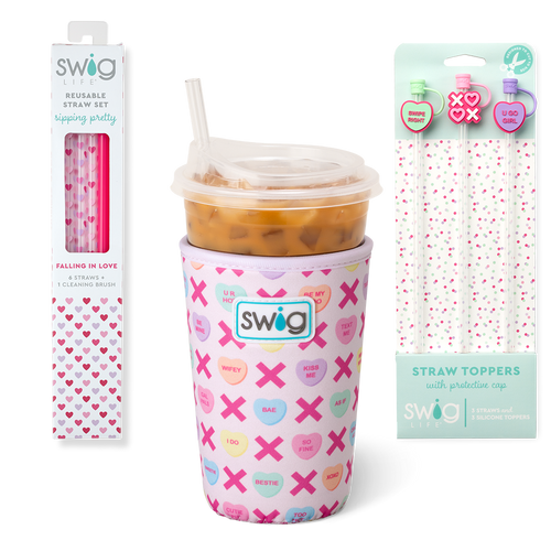 Swig Life Be Mine Valentine's Day Accessory Bundle featuring an Iced Cup Coolie, Straw Topper Set, and Reusable Straw Set