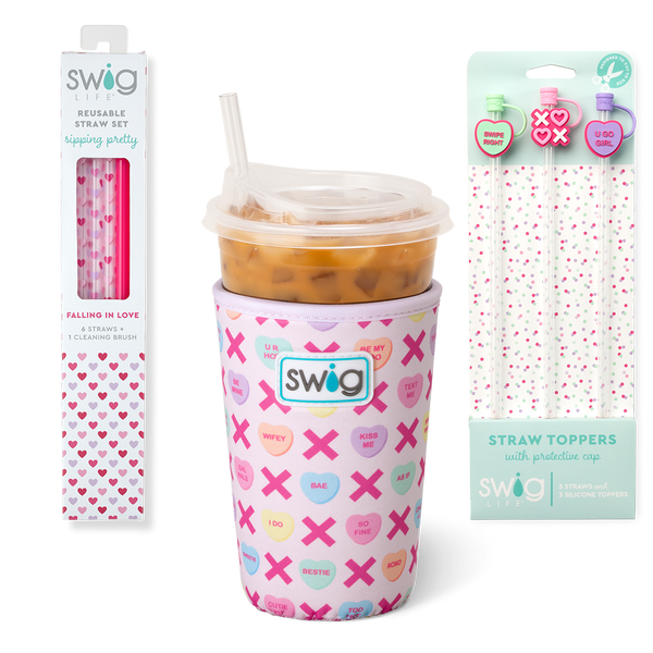 Swig Life Be Mine Valentine's Day Accessory Bundle featuring an Iced Cup Coolie, Straw Topper Set, and Reusable Straw Set