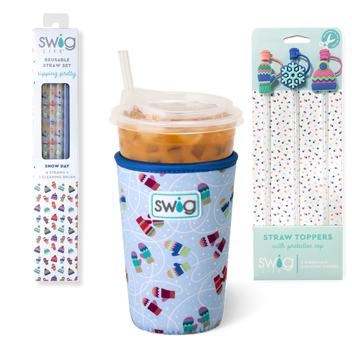 Swig Life Snow Day Holiday Stocking Stuffer Bundle featuring an Iced Cup Coolie, Straw Topper Set, and Reusable Straw Set