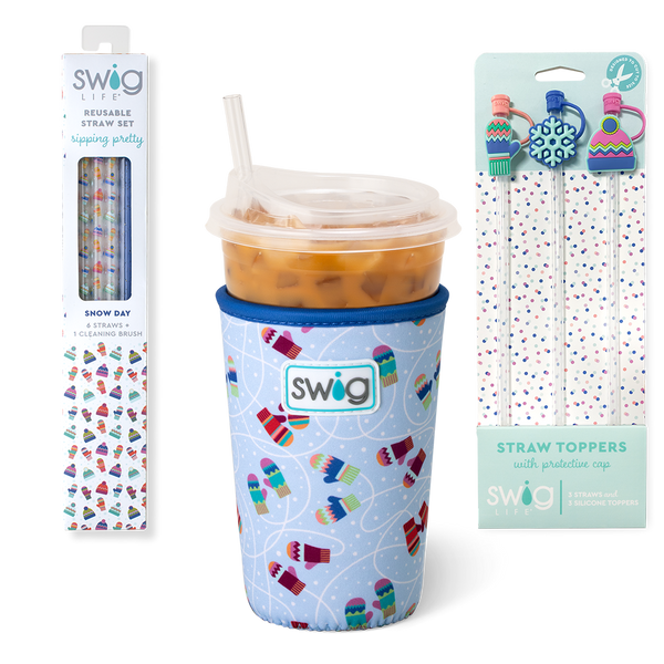 Swig Life Snow Day Holiday Stocking Stuffer Bundle featuring an Iced Cup Coolie, Straw Topper Set, and Reusable Straw Set