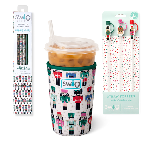 Swig Life Classic Nutcracker Holiday Stocking Stuffer Bundle featuring an Iced Cup Coolie, Straw Topper Set, and Reusable Straw Set