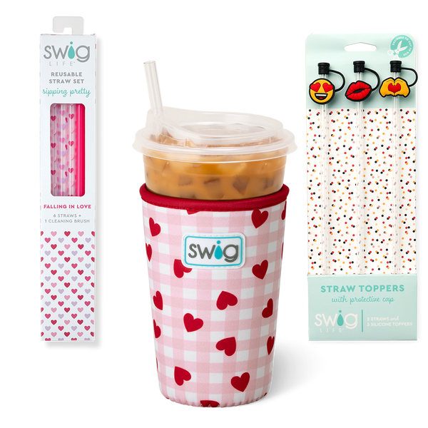 Swig Life Red Hots Accessory Bundle featuring an Iced Cup Coolie, Straw Topper Set, and Reusable Straw Set