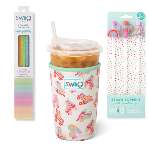 Swig Life Roller Rink Accessory Bundle featuring an Iced Cup Coolie, Straw Topper Set, and Reusable Straw Set