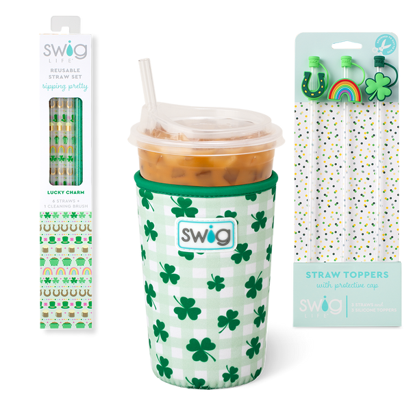 Swig Life Shamrock the Block Accessory Bundle featuring an Iced Cup Coolie, Straw Topper Set, and Reusable Straw Set