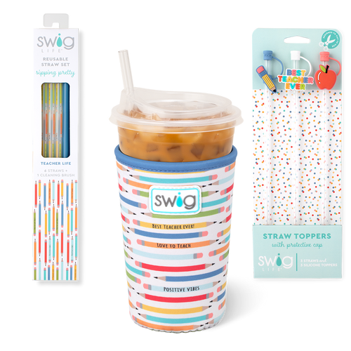 Swig Life Teacher Life Accessory Bundle featuring an Iced Cup Coolie, Straw Topper Set, and Reusable Straw Set