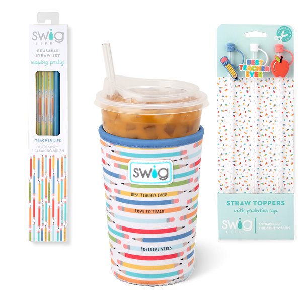 Swig Life Teacher Life Accessory Bundle featuring an Iced Cup Coolie, Straw Topper Set, and Reusable Straw Set