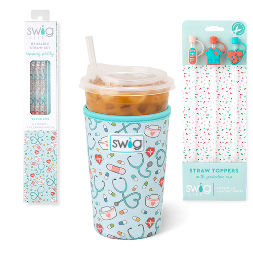 Swig Life Scrub Life Accessory Bundle featuring an Iced Cup Coolie, Straw Topper Set, and Reusable Straw Set