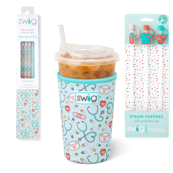 Swig Life Scrub Life Accessory Bundle featuring an Iced Cup Coolie, Straw Topper Set, and Reusable Straw Set