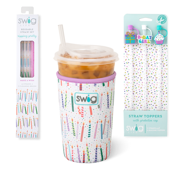 Swig Life Make a Wish Accessory Bundle featuring an Iced Cup Coolie, Straw Topper Set, and Reusable Straw Set