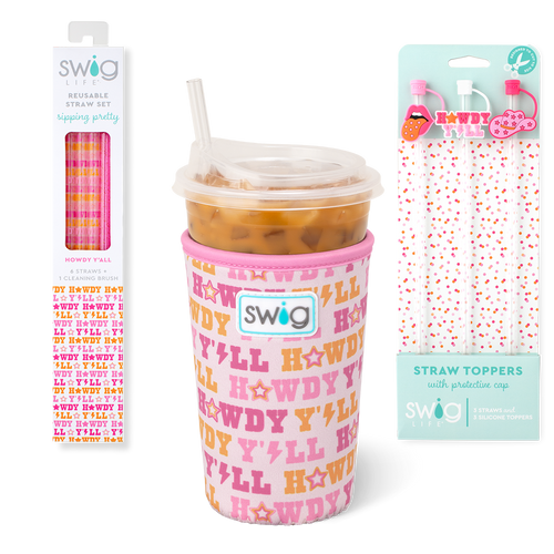 Swig Life Howdy Y'all Accessory Bundle featuring an Iced Cup Coolie, Straw Topper Set, and Reusable Straw Set