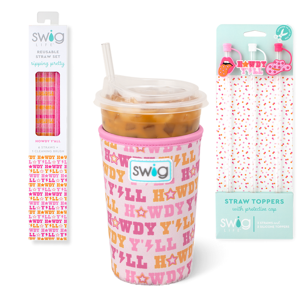 Swig Life Howdy Y'all Accessory Bundle featuring an Iced Cup Coolie, Straw Topper Set, and Reusable Straw Set