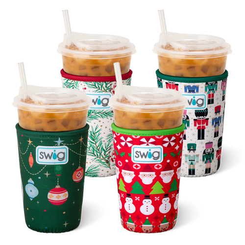 Swig Life Tis the Season Iced Cup Coolie Bundle featuring 4 Coolies in prints Deck the Halls, Christmas Crew, Winterberry, and Classic Nutcracker