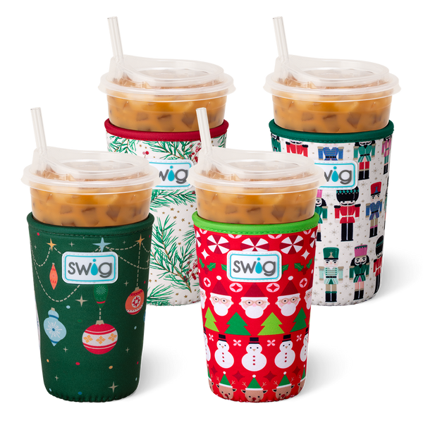 Swig Life Tis the Season Iced Cup Coolie Bundle featuring 4 Coolies in prints Deck the Halls, Christmas Crew, Winterberry, and Classic Nutcracker