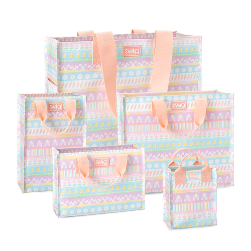 Swig Life Bunny Trail Reusable Gift Bag Bundle featuring one of each Large, Medium, Tall, Small, and Mini Reusable Bags with handles