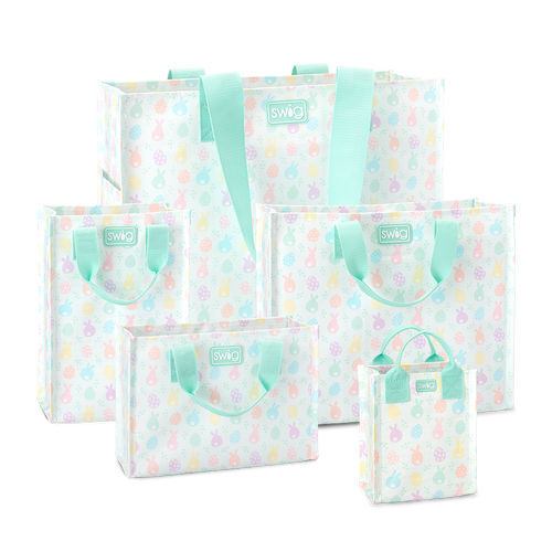 Swig Life Egg Hunt Reusable Gift Bag Bundle featuring one of each Large, Medium, Tall, Small, and Mini Reusable Bags with handles