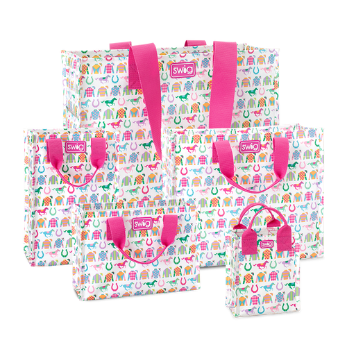 Swig Life Go Baby Go Reusable Gift Bag Bundle featuring one of each Large, Medium, Tall, Small, and Mini Reusable Bags with handles