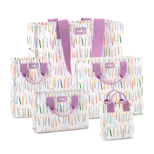 Swig Life Make a Wish Reusable Gift Bag Bundle featuring one of each Large, Medium, Tall, Small, and Mini Reusable Bags with handles