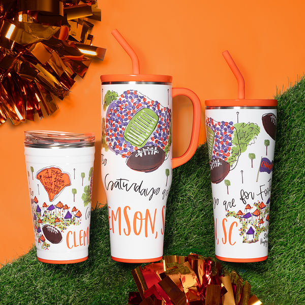 Swig Life Saturdays in Clemson Drinkware collection on sports field background