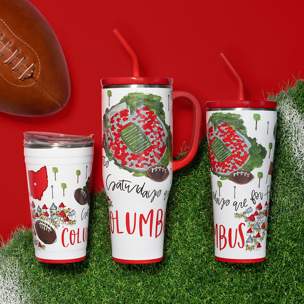 Swig Life Saturdays in Columbus Drinkware collection on a sports field background