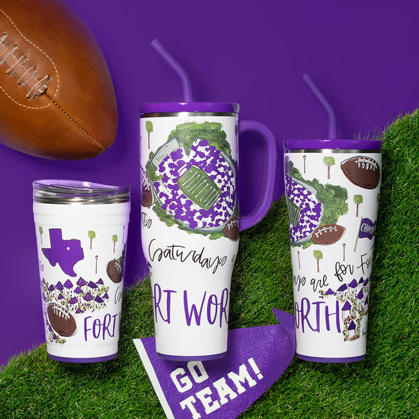 Swig Life Saturdays in Fort Worth Drinkware collection on a sports field background