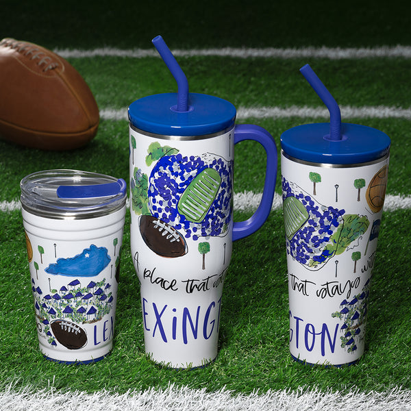 Swig Life Saturdays in Lexington Drinkware collection on a sports field background