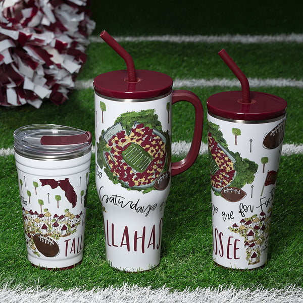 Swig Life Saturdays in Tallahassee Drinkware collection on a sports field background