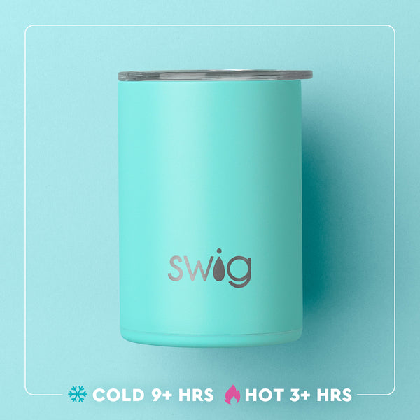 Swig Life 12oz Short Tumbler temperature infographic - cold 9+ hours or hot 3+ hours