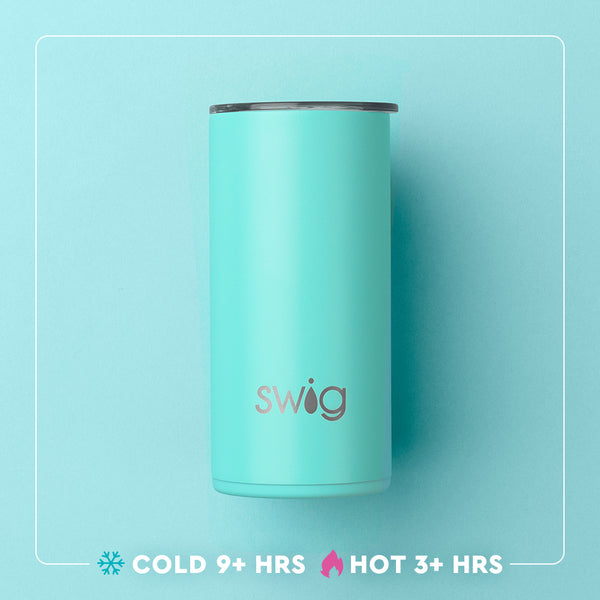 Swig Life 12oz Slim Tumbler temperature infographic - cold 9+ hours or hot 3+ hours