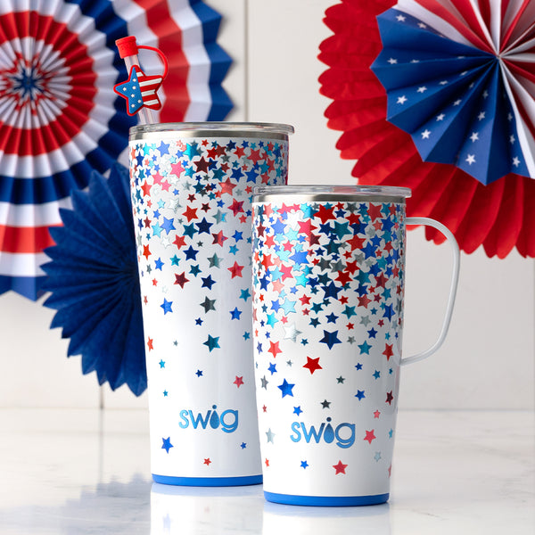 Swig Life Star Spangled Insulated 22oz Travel Mug and 32oz Tumbler on a patriotic background