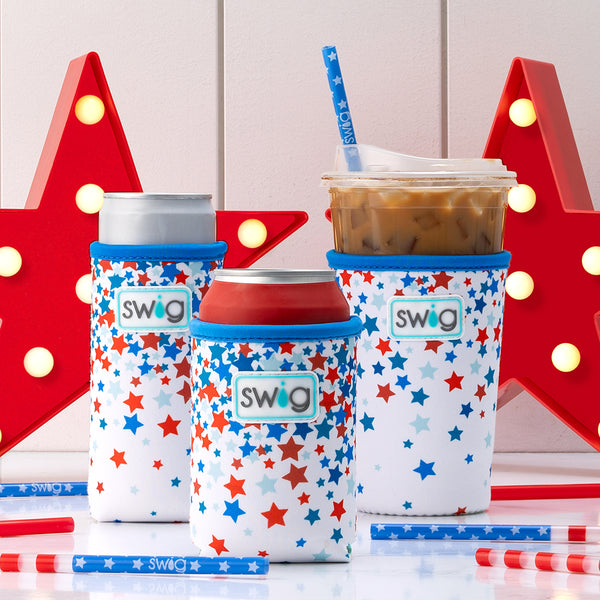 Swig Life Neoprene Star Spangled Iced Cup Coolie, Slim Can Coolie, and Can Coolie on a red and white star background