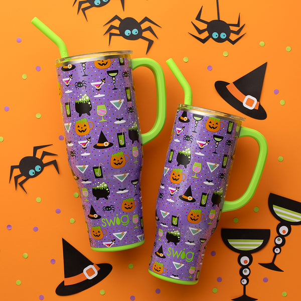 Swig Life Witches Brew Insulated 40oz and 30oz Mega Mugs on an orange spooky Halloween background