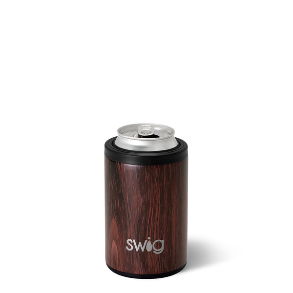 Swig Life 12oz Bourbon Barrel Insulated Can + Bottle Cooler shown with a can inside