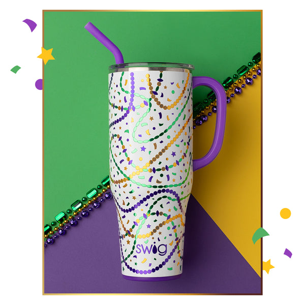 Swig Life 40oz Hey Mister! Insulated Mega Mug with a lid and handle on a green, yellow, and purple background